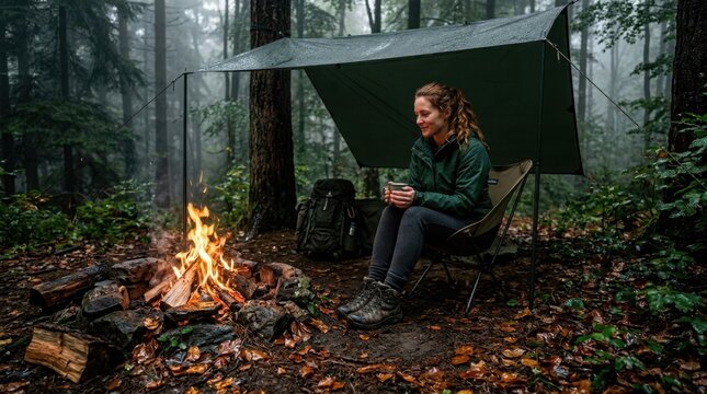 Woman camping alone in a rainy forest with a campfire and tarp shelter