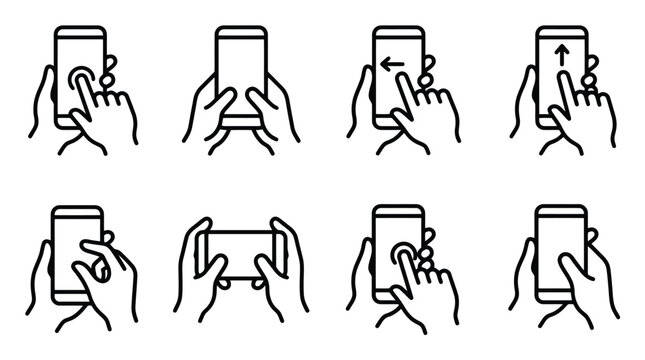 Smartphone touch gestures icon set, hands holding mobile phone with finger swipe and tap movements, 8 line art vector illustrations for UI design