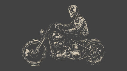 Vintage Skeleton Rider on Retro Custom Motorcycle Ink Illustration design skull © yuda
