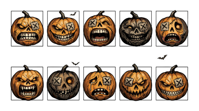 Collection of ten spooky halloween pumpkins with carved faces and various expressions