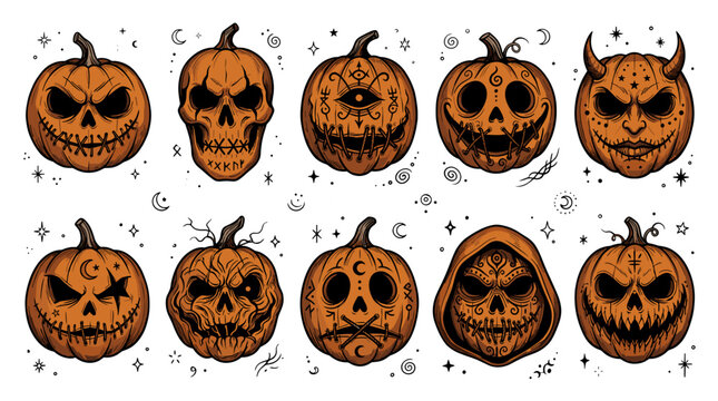 Collection of spooky halloween pumpkins with carved faces and glowing eyes on dark background