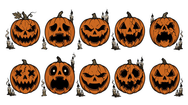 Set of twelve spooky halloween pumpkins with carved faces and candles inside
