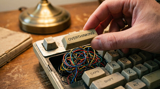 Hand holding overthinking keycap removed from vintage keyboard revealing tangled colored wires