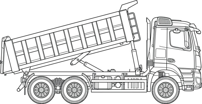 Tipper truck displays a side profile view of a construction vehicle with its cargo bed raised to demonstrate the unloading mechanism.