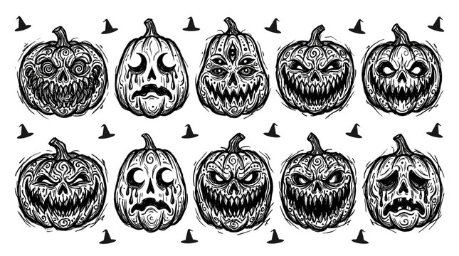 Set of ten handdrawn halloween pumpkins with various spooky faces and expressions