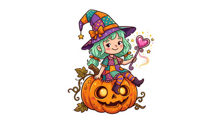 Fototapeta premium Cute cartoon girl dressed as a witch sitting on a carved pumpkin with a magic wand