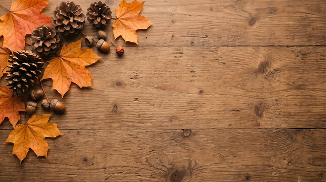 Autumn rustic wooden background with pine cones and fallen maple leaves