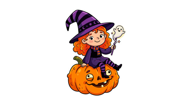Cute halloween illustration of a girl in witch costume sitting on a pumpkin with a ghost