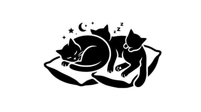 Minimalist Vector Illustration of Three Cats Sleeping Peacefully on Pillows at Night