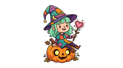 Naklejka premium Cute cartoon witch girl with green hair wearing colorful hat sitting on a pumpkin