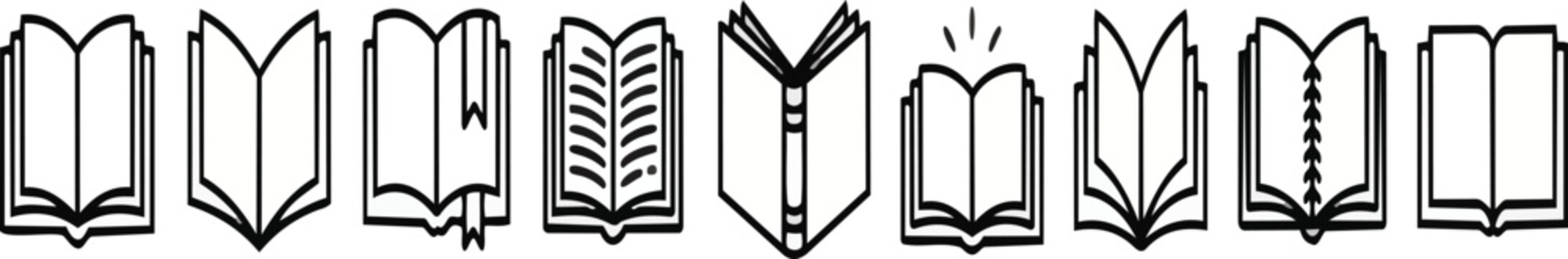 Set of black and white vector graphic book illustrations featuring various open reading materials with simple line art styles for educational projects and digital library designs