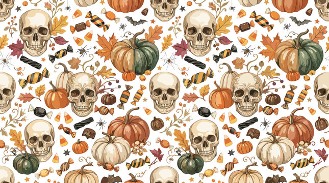 Halloween themed pattern with skulls pumpkins leaves and autumn elements
