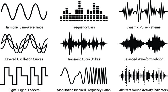 Waveforms visualize various audio frequency patterns and digital signal oscillations used for sound analysis and electronic media production.