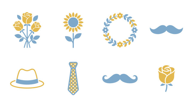 Set of vintage summer accessories including hat tie mustache flower sunflower wreath and rose