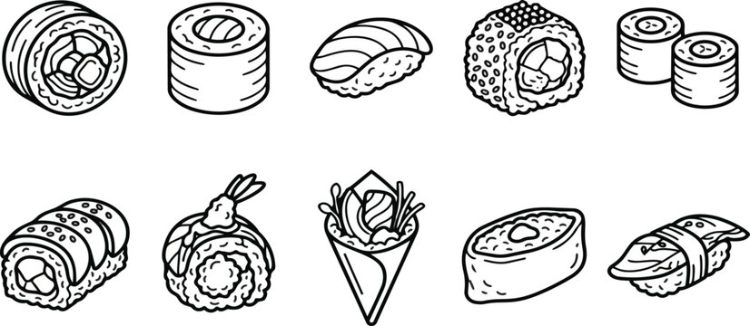 Professional collection of monochrome vector graphic sushi icons featuring various types of delicious japanese rolls and nigiri isolated on a clean white background for culinary projects