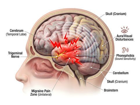 Migraine pain zones in human brain anatomy diagram isolated on white background