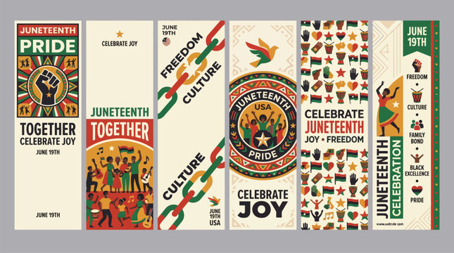 Juneteenth celebration vertical banners set, African American freedom day posters with pan-African colors, black history month pride illustrations