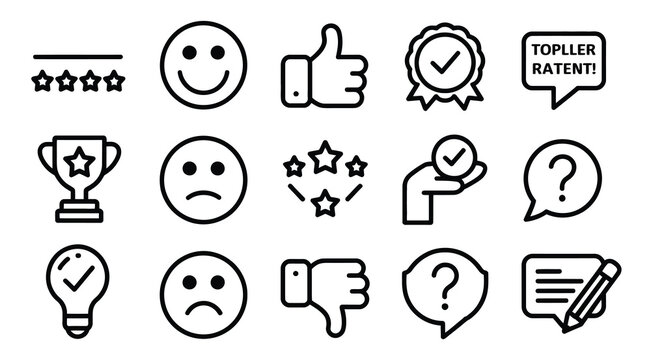 collection of black and white feedback icons set, including rating stars, thumbs up, thumbs down, speech bubbles and user review symbols, customer satisfaction and UX evaluation concept, clean minimal