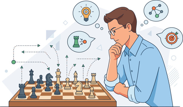 Man contemplating chess strategy with mind map connections and lightbulb idea during strategic planning