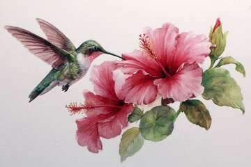 Fototapeta premium watercolor painting of a hummingbird and hibiscus