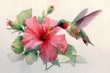 Fototapeta premium watercolor painting of a hummingbird and hibiscus