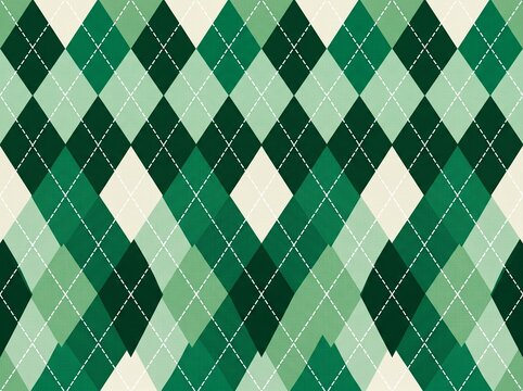 Textured geometric diamond pattern background in a seamless green argyle layout, ideal for wrapping paper and fashion fabrics."