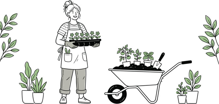 Woman gardener with seedlings and wheelbarrow during spring planting in a bright studio setting with a conceptual theme of growth