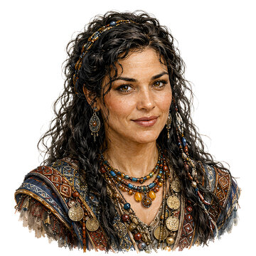Lockige Frau im historischen Fantasy Stil mit traditionellem Schmuck