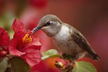 Naklejka premium close-up of a hummingbird feeding from a red flower