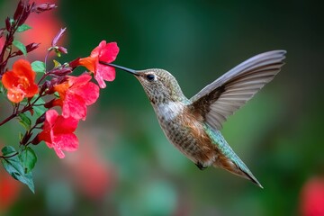 Naklejka premium close-up of a hummingbird feeding from a red flower