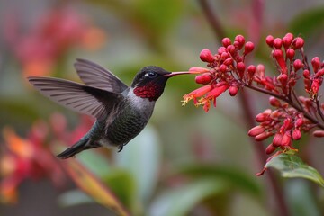 Obraz premium close-up of a hummingbird feeding from a red flower