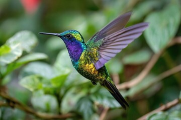 Naklejka premium colorful hummingbird flying through jungle vines