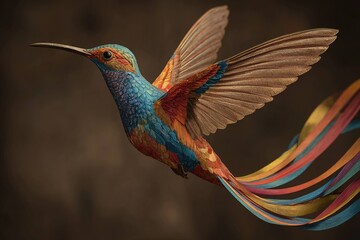 Naklejka premium dreamlike hummingbird with long rainbow tail