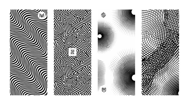 Set of five abstract optical illusion patterns with black and white geometric designs