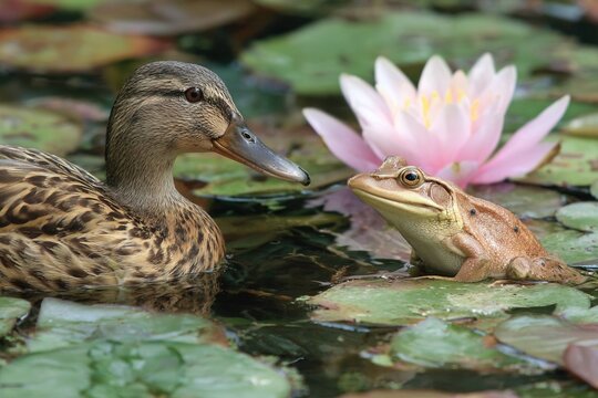 duck and frog sharing a lily pad