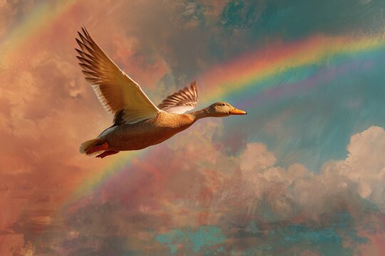 duck flying through a rainbow sky