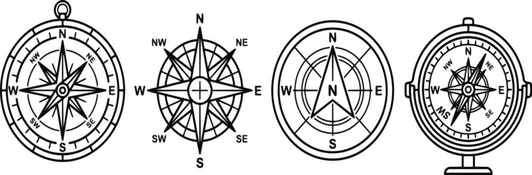 Set of four black and white vector compass illustrations featuring various navigation designs with cardinal directions for mapping travel exploration and nautical orienteering adventure projects