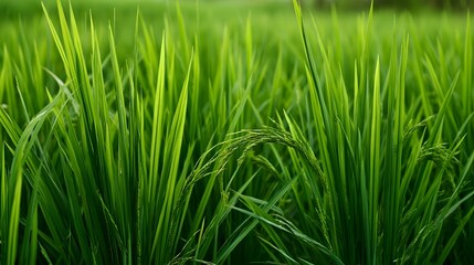 Fototapeta premium A brilliant lush rice paddy field highlights natural elements and organic shapes in a scenic medium shot