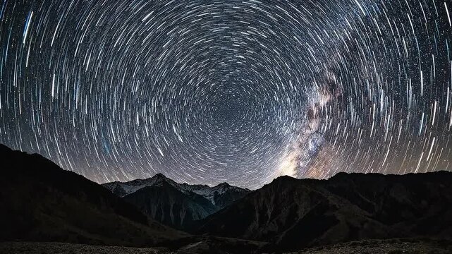 Star Trails and Milky Way Over Mountain Landscape at Night