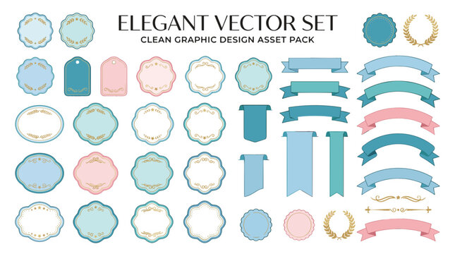 Elegant vector set of decorative frames ribbons banners and badges in pastel colors for design
