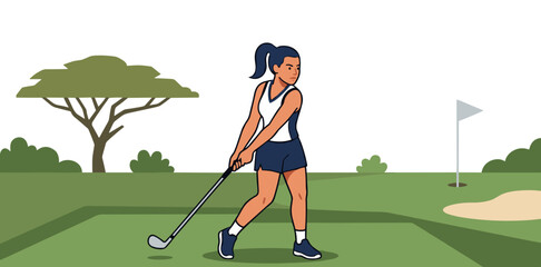Obraz premium Dynamic flat vector poster of a focused asian left handed golfer preparing a powerful swing with club on a wide green golf course fairway under clear sky. Concept of competitive elite sports