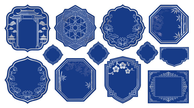 Set of blue christmas ornaments with snowflake patterns and decorative borders for holiday decoration
