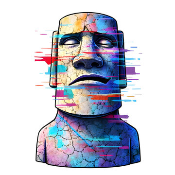 Abstrakter Steinkopf mit bunten digitalen St&ouml;rungen und Glitch Effekt als moderne Kunst Illustration