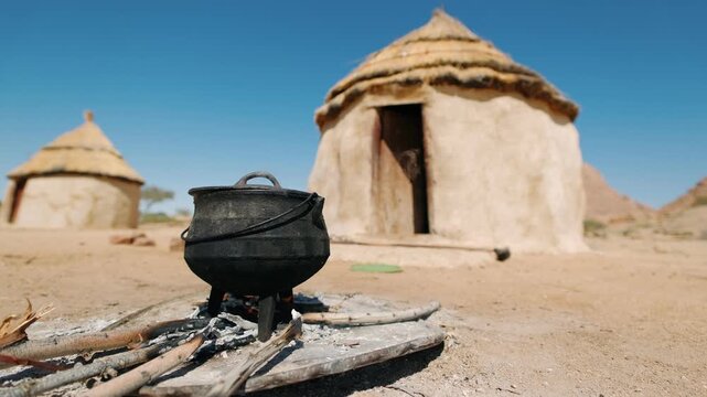 Traditional himba village with mud huts and cooking pot on an open fire in rural namibia, africa