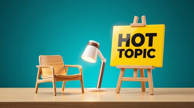 Modern workspace with wooden chair and lamp beside hot topic sign  