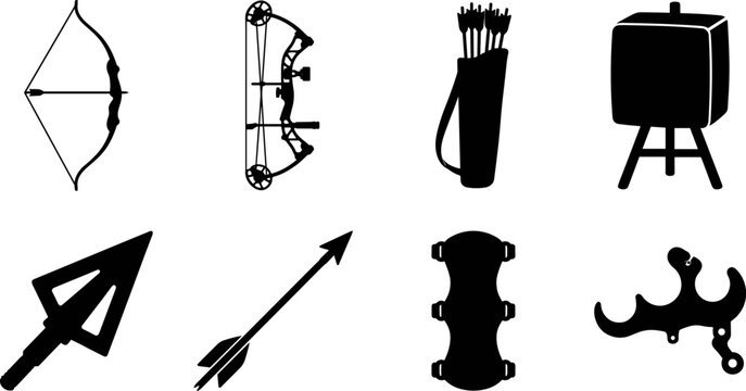 Archery equipment and bow hunting silhouettes icons set isolated on white background for sport design