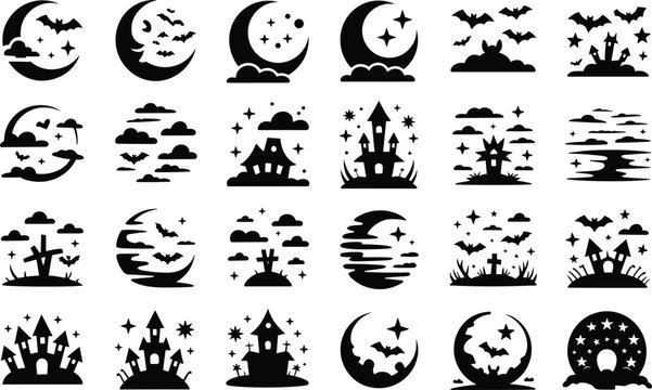 Set of halloween night elements. collection of moons, haunted houses, bats, and clouds