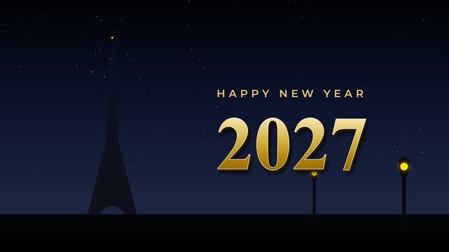 Happy new year 2027 with eiffel tower silhouette and fireworks