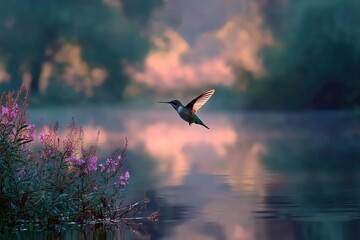 Obraz premium hummingbird flying over a calm river
