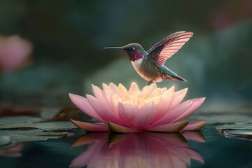 Obraz premium hummingbird resting on floating lotus flower